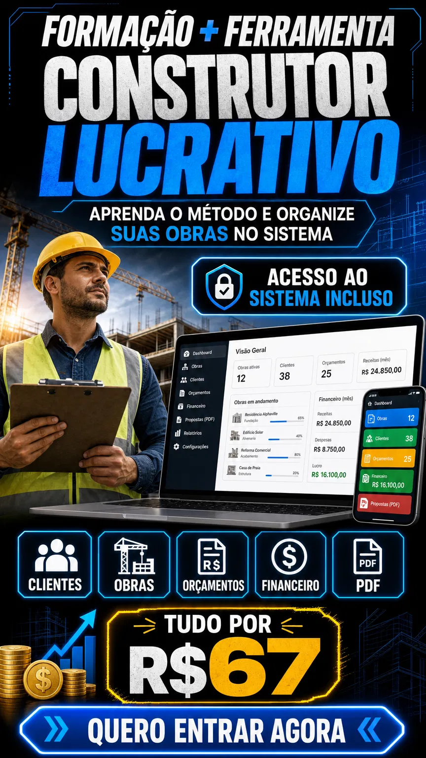 Formação + ferramenta Construtor Lucrativo: clientes, obras, orçamentos, financeiro e PDF, tudo por R$ 67