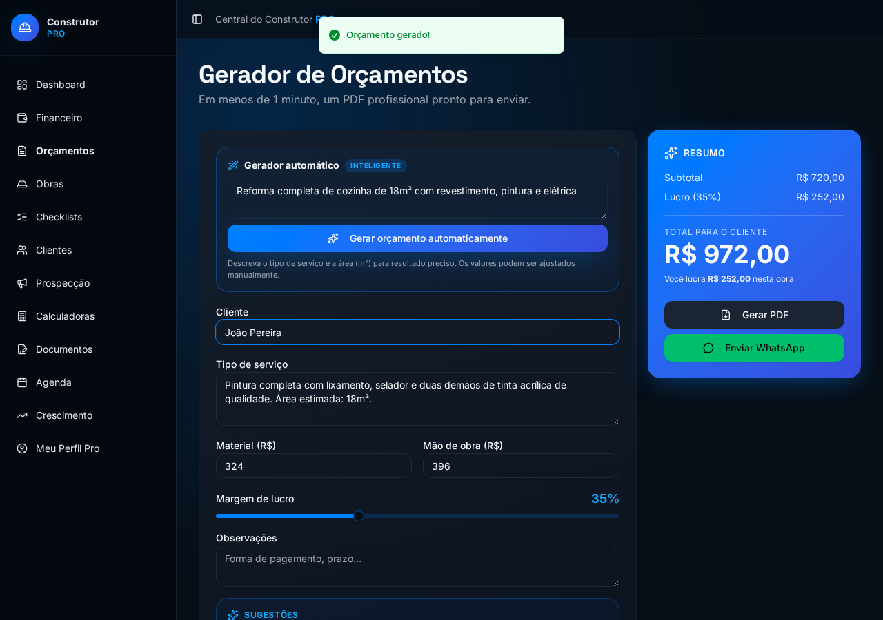 Orçamento pronto em 1 minuto