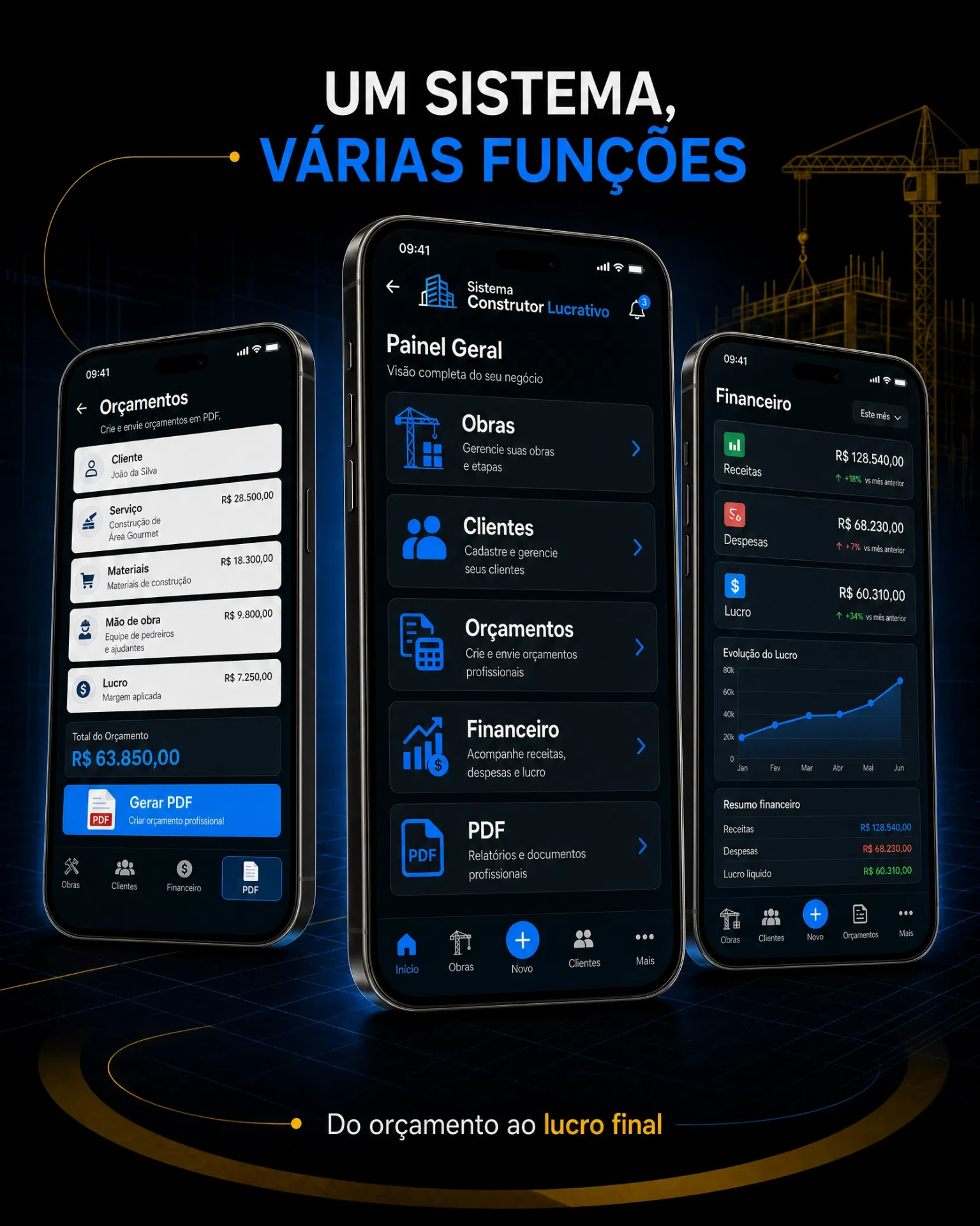 Um sistema com várias funções: orçamentos, painel geral e financeiro no celular