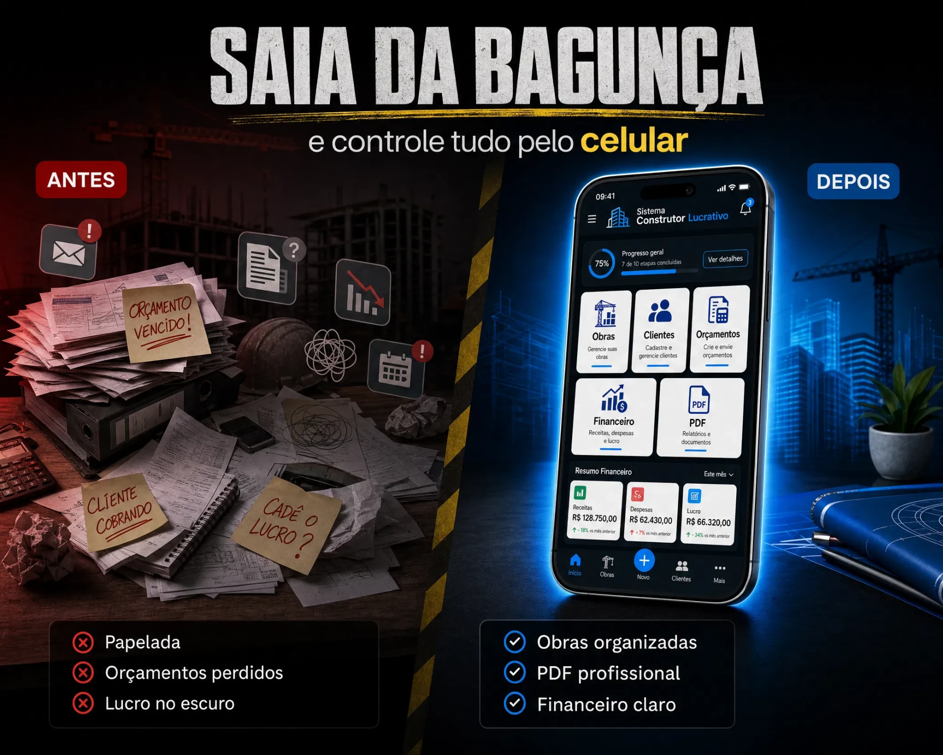 Comparação antes e depois: papelada e orçamentos perdidos versus obras organizadas no celular