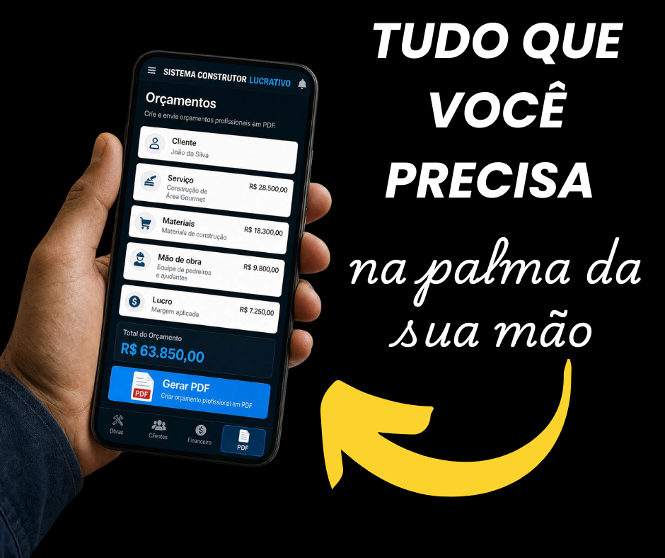 Tela de orçamento do Construtor PRO no celular, com lista de materiais e total
