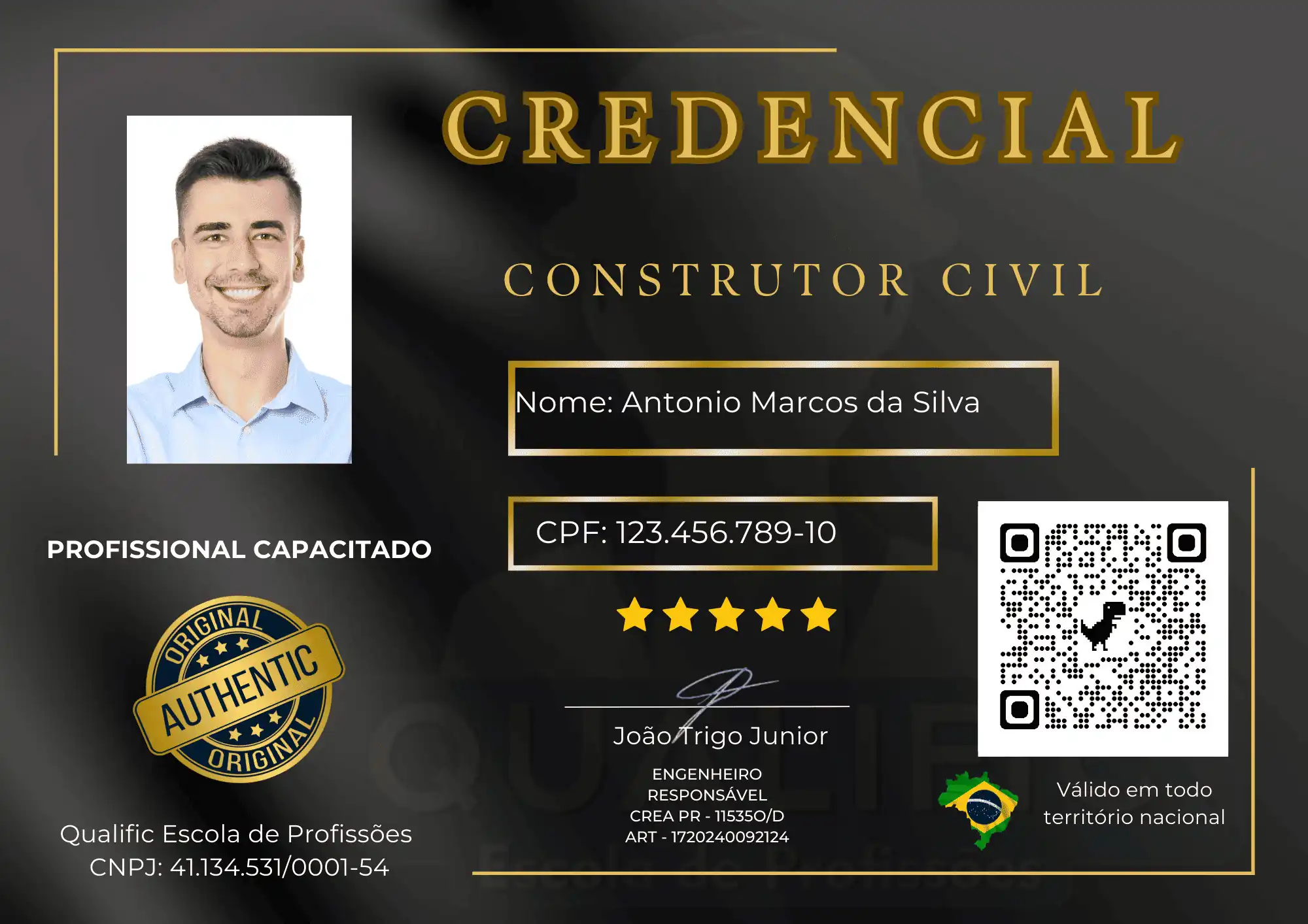 Credencial profissional de Construtor Civil com QR Code