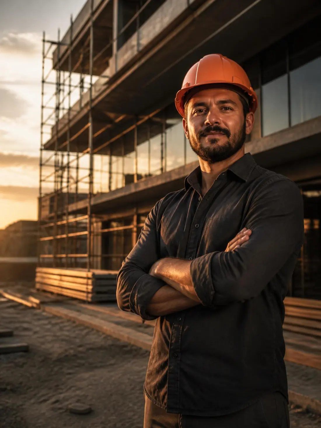 Construtor bem apresentado, de braços cruzados, em obra de alto padrão ao fim do dia