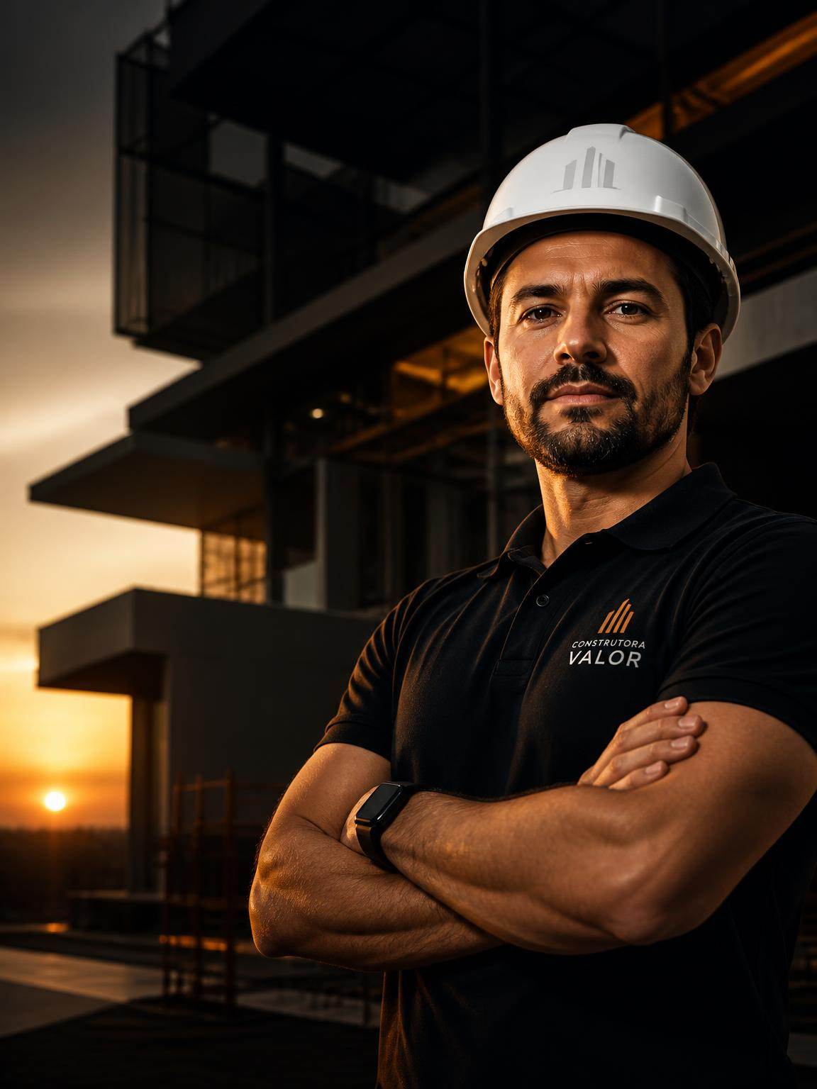 Construtor bem apresentado, de braços cruzados, em obra de alto padrão ao fim do dia